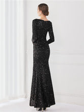 Long Sleeve Solid V-neck Sequin Prom Dress